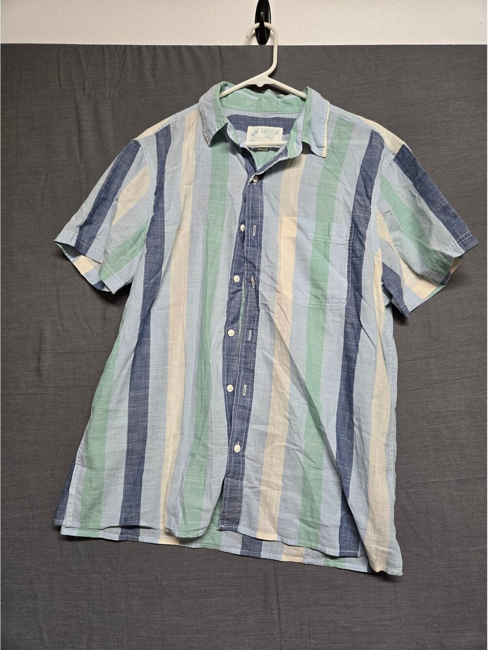 American Eagle blue green striped short sleeve button  Large